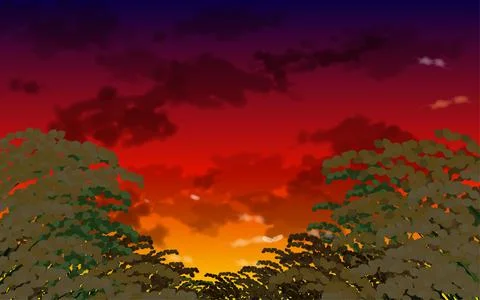 Autumn Rice Field at Sunset Vector Landscape Stock Illustration