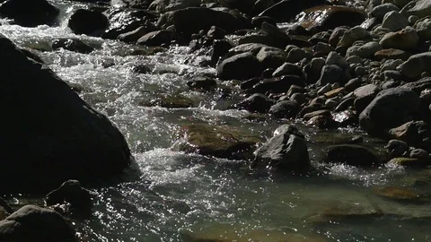 Autumn river, Closeup slow motion view of a turqouise mountain river, on a su Stock Footage 83840846