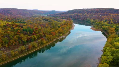 Autumn River in Pennsylvania HD Drone Shot Stock Footage