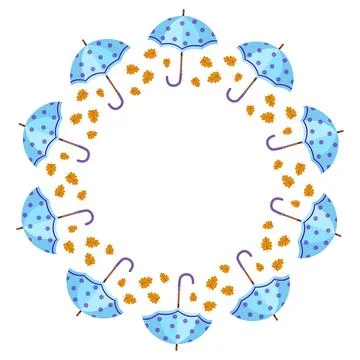 Autumn round frame with blue rain umbrellas and falling leaves Stock Illustration