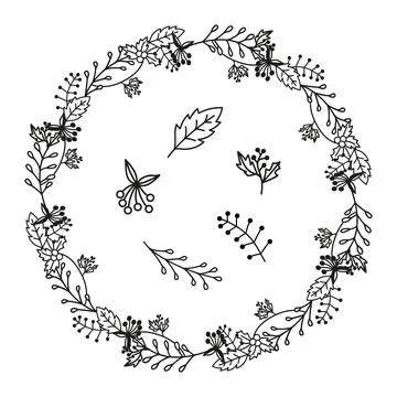 Autumn round frame with floral elements, leaves, flowers, twigs. Doodle vec.. イラスト素材