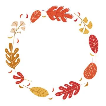 Autumn round frame with hand drawn autumnal leaves sketch isolated on white Stock Illustration