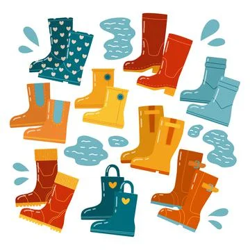 Autumn rubber boots vector flat design set Stock Illustration