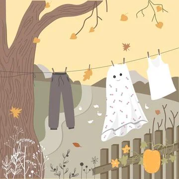 Autumn rustic landscape with drying laundry. Halloween background with cute Stock Illustration