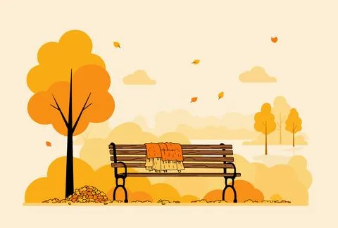Autumn Scene with Bench and Falling Leaves Stock Illustration