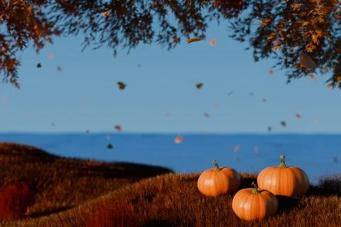 Autumn scene featuring three pumpkins on a hillside with falling leaves Illustrazione stock