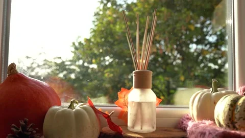 Autumn Scent. Bamboo Sticks diffuser. Fragrant air freshener liquid with leaves Stock Footage 161163216