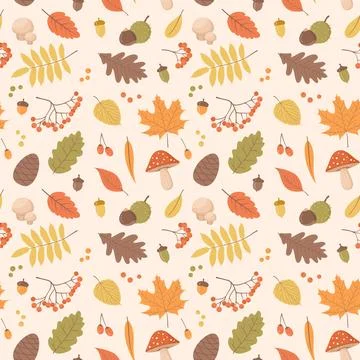 Autumn seamles pattern with leaves, berries, mushrooms, acorns, cones and nuts Stock Illustration