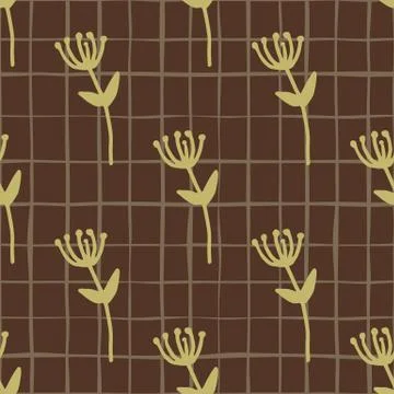 Autumn seamless branch pattern. Dark brown background with check and pastel y Stock Illustration