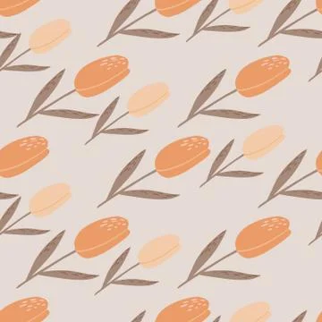 Autumn seamless doodle pattern with tulips. Simple flower silhouettes with or Stock Illustration