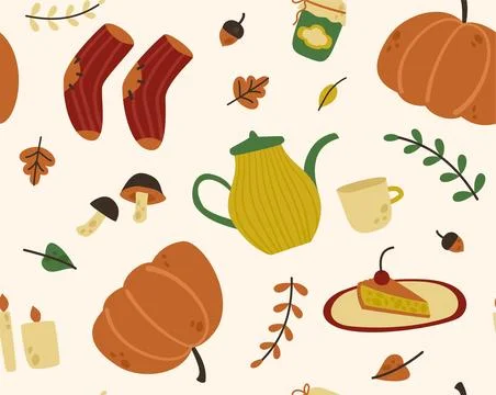 Autumn seamless object pattern: pumpkin, wool socks, wool socks, a piece of c Stock Illustration