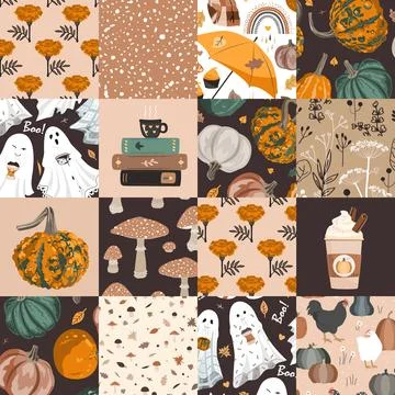 Autumn seamless patchwork quilt with autumn herbs, ghosts, books, and pumpkin Illustrazione stock