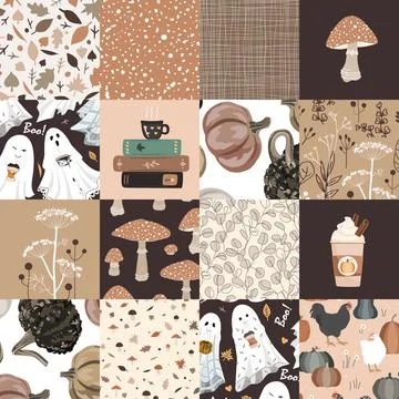 Autumn seamless patchwork quilt with autumn herbs, ghosts, books, and pumpk.. Stock Illustration