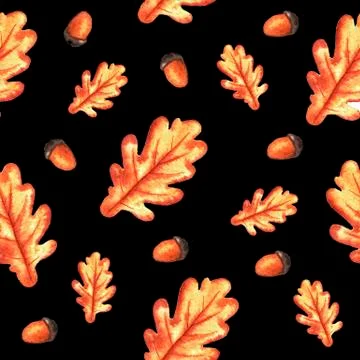 Autumn seamless pattern with acorns and leaves. Hand drawn watercolor Stock Illustration