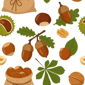 Autumn seamless pattern with acorns chestnuts and hazelnuts on white backgrou Stock Illustration
