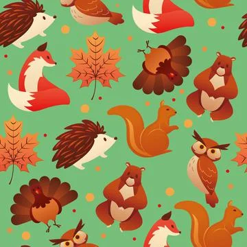Autumn seamless pattern background with different animals Vector Illustrazione stock