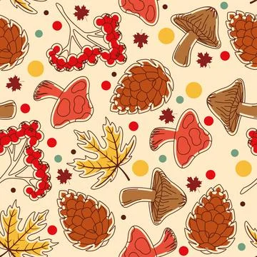 Autumn seamless pattern background with mushrooms and nuts stickers Vector Stock Illustration