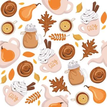 Autumn seamless pattern background with yellow leaves, coffee cup, tea. Vector Illustrazione stock