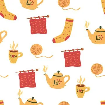 Autumn seamless pattern. Ball of thread, knitting, sock and tea. Cozy warm ba Stock Illustration