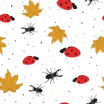 Autumn seamless pattern. Beetle, ladybug and maple leaf. Illustrazione stock