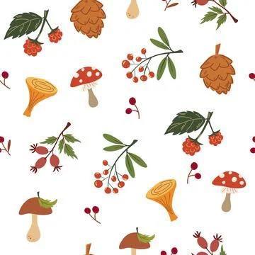 Autumn seamless pattern. Berries and mushrooms. Cozy warm background. Perfect Stock Illustration