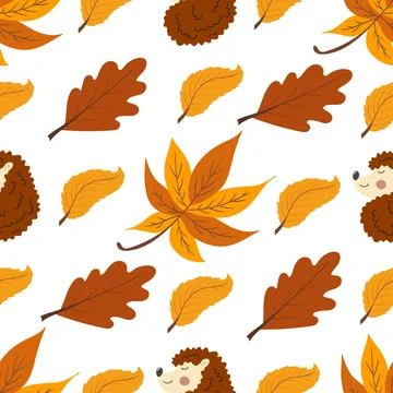 Autumn seamless pattern with berries. Autumn leaves, cute hedgehogs. Pattern  Ilustración de archivo