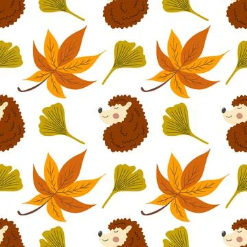 Autumn seamless pattern with berries. Autumn leaves, cute hedgehogs. Pattern  Ilustración de archivo