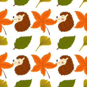 Autumn seamless pattern with berries. Autumn leaves, cute hedgehogs. Pattern  Ilustración de archivo