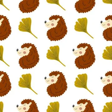 Autumn seamless pattern with berries. Autumn leaves, cute hedgehogs Ilustración de archivo