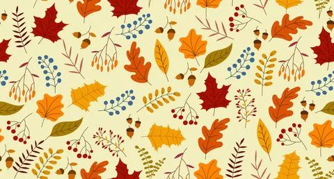 Autumn seamless pattern with berry, plants, leaves, acorns. Charming autumn.. Stock Illustration