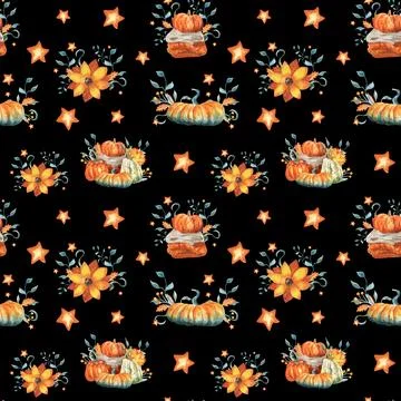 Autumn seamless pattern on a black background included flowers ,branches stars Stock Illustration