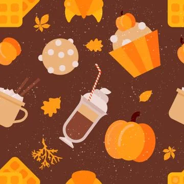 Autumn seamless pattern bright yellow dry leaves, hot drinks and different fresh Stockillustratie