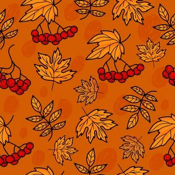 Autumn seamless pattern. Bunches of fall rowan red berry on orange backgrou.. Stock Illustration