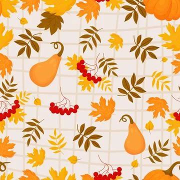 Autumn seamless pattern. Bunches red rowan with orange pumpkin on light che.. Stock Illustration