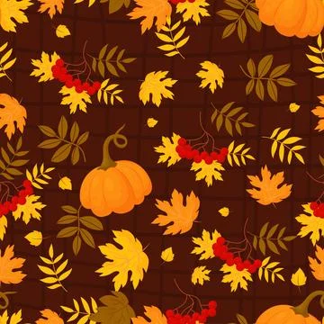Autumn seamless pattern. Bunches red rowan with colorful fall leaves with p.. Stock Illustration