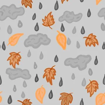 Autumn seamless pattern with cloudy sky raindrops and leaves 스톡 일러스트