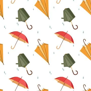 Autumn seamless pattern with colorful folded umbrellas and rain drops on whit Stockillustratie