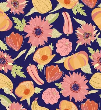 Autumn seamless pattern with colorful pumpkin, sunflower, poppy and leaves 스톡 일러스트