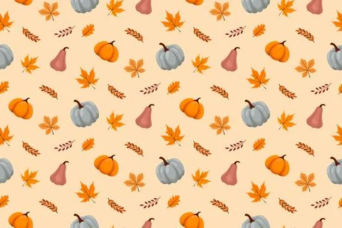 Autumn seamless pattern with colorful pumpkins, forest leaves, and red berr.. Stock Illustration