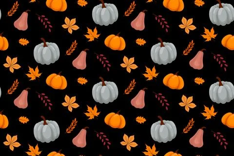 Autumn seamless pattern with colorful pumpkins, forest leaves and red berri.. Illustrazione stock
