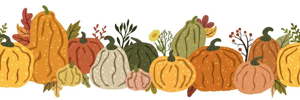 Autumn seamless pattern with colorful pumpkins, leaves and flowers Stock Illustration