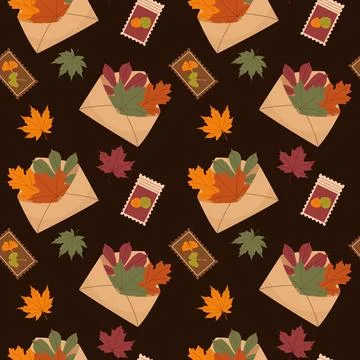 Autumn seamless pattern with craft envelopes full of fallen leaves and stamps Stock Illustration