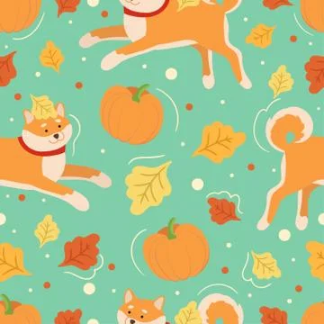Autumn seamless pattern with cute animals, pumpkins and leaves. Stock Illustration