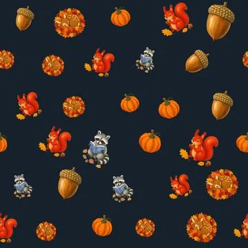 Autumn seamless pattern with cute animals pumpkins acorns on transparent ba.. Stock Illustration