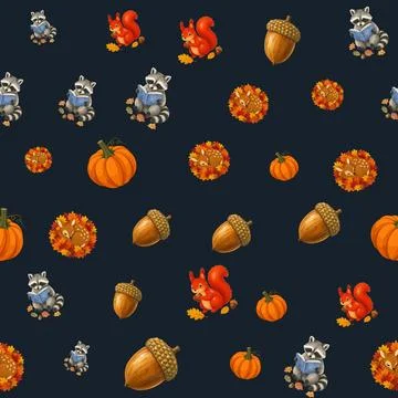Autumn seamless pattern with cute animals on transparent background Stock Illustration
