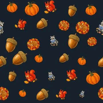 Autumn seamless pattern with cute animals pumpkins and acorns on transparen.. Stock Illustration