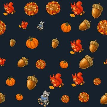 Autumn seamless pattern with cute animals pumpkins and acorns on transparen.. Stock Illustration