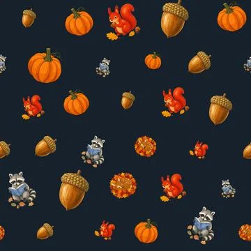 Autumn seamless pattern with cute animals pumpkins and acorns on transparen.. Stock-Illustration