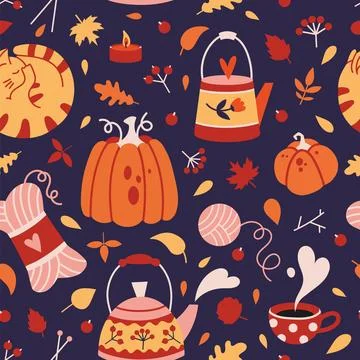 Autumn seamless pattern with cute cozy elements on a dark background, cartoon 스톡 일러스트