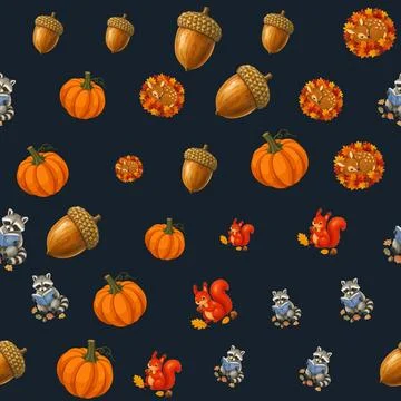 Autumn seamless pattern with cute forest animals pumpkins and acorns on tra.. Stock-Illustration